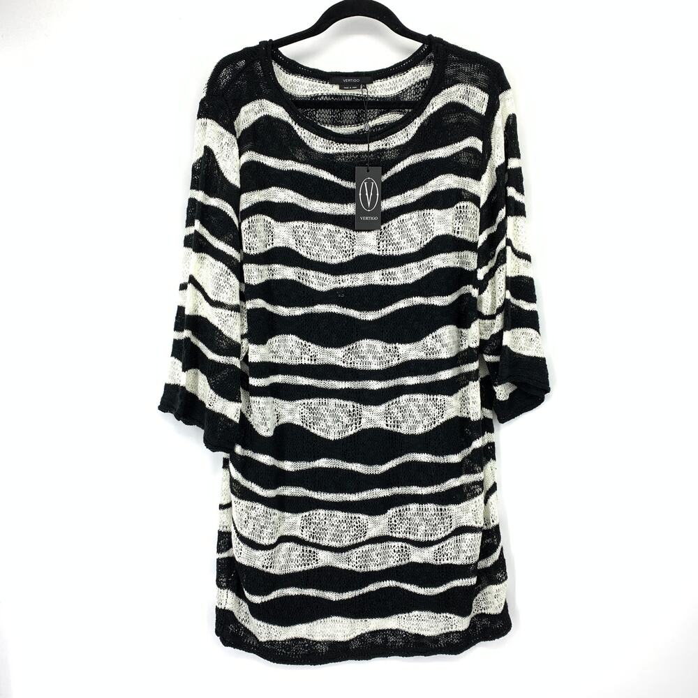 Vertigo Dress Womens Large Black White Stripe Open Knit Scoop Neck 3/4 Sleeve